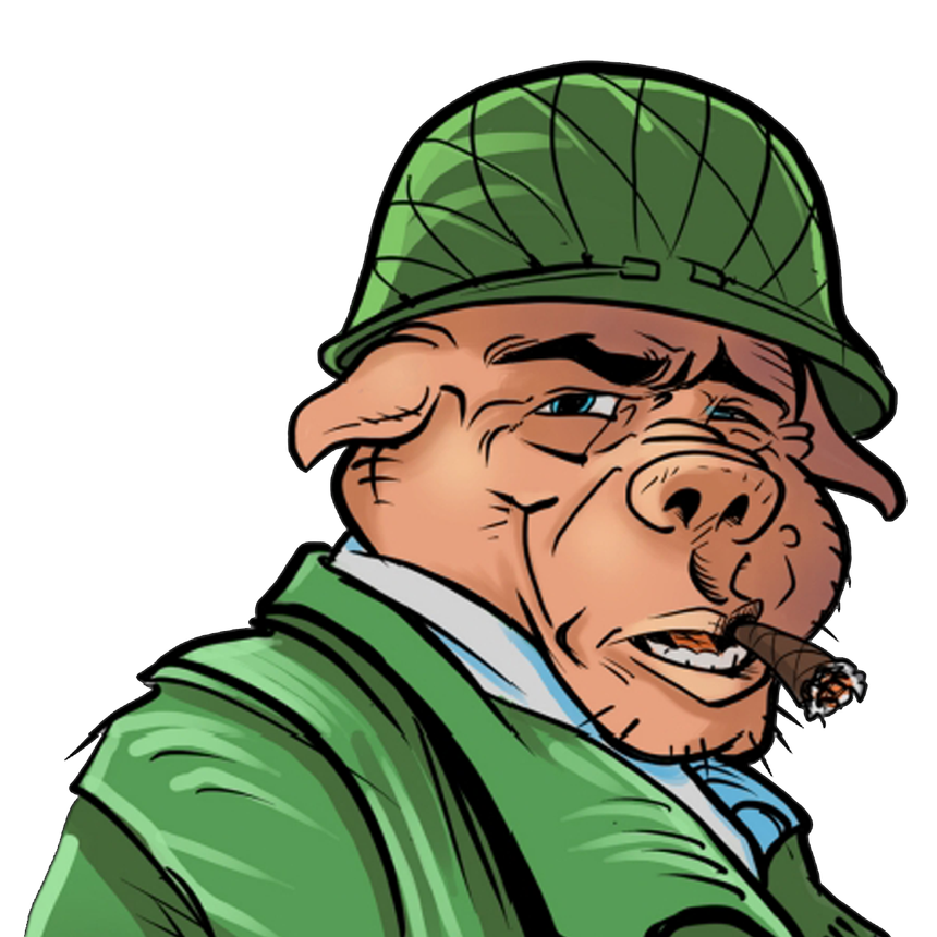 Cartoon pig in a green army helmet and uniform, smoking a cigar.