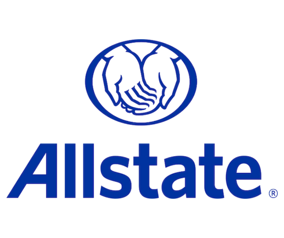 The Allstate logo features two cupped hands inside a blue oval above the blue word 