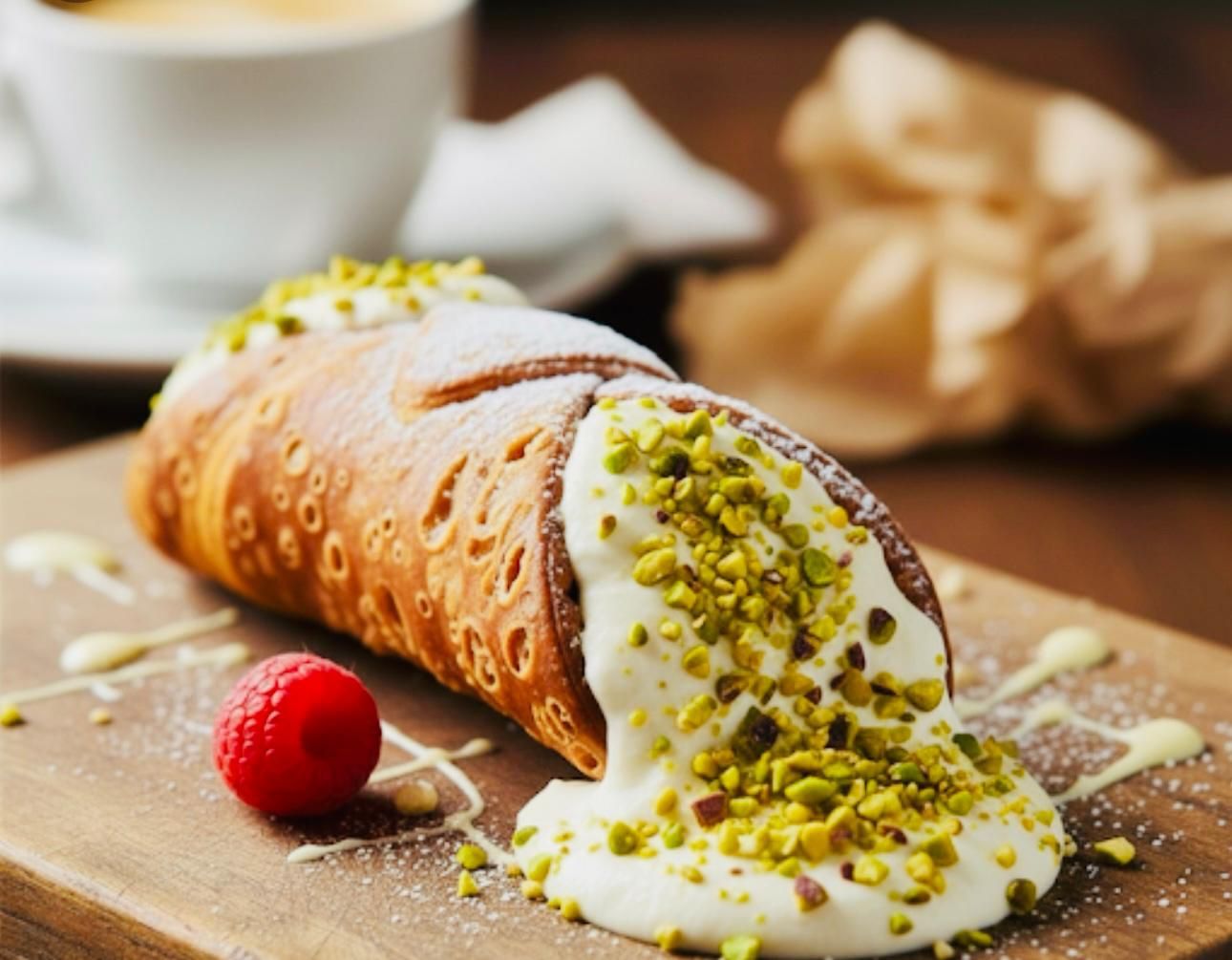 Cannoli con ripieno di crema e pistacchi su un tagliere di legno, con lampone e caffè sullo sfondo.