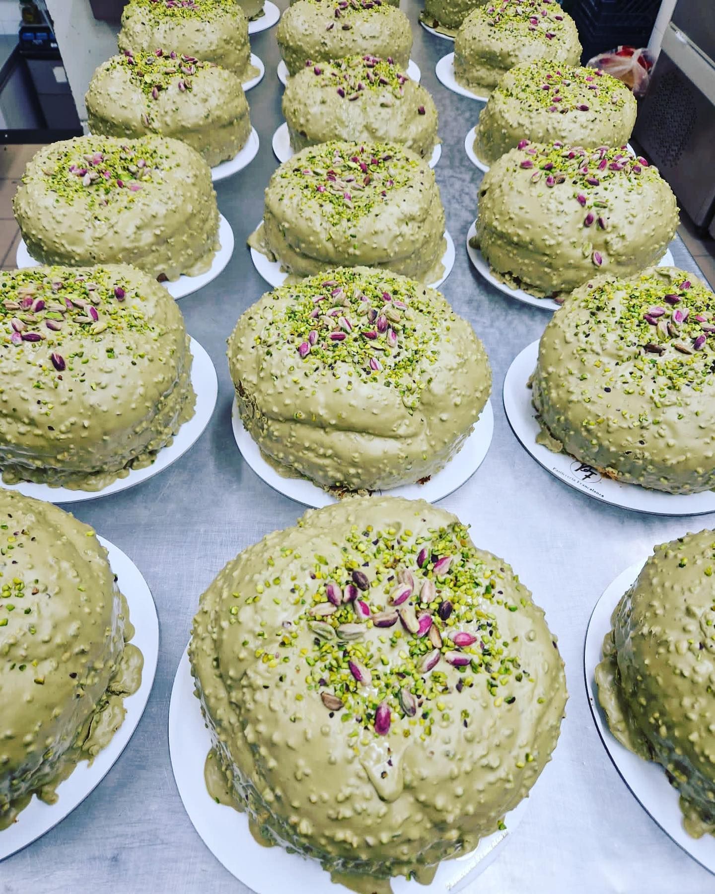 Diverse tortine ricoperte di pistacchi e cosparse di pistacchi, disposte su piatti bianchi in file su una superficie.