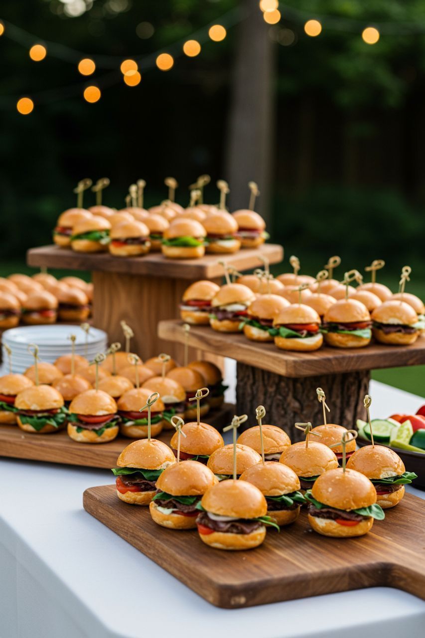 Mini hamburger con stuzzicadenti su vassoi di legno, all'aperto su un tavolo, con lucine sullo sfondo.
