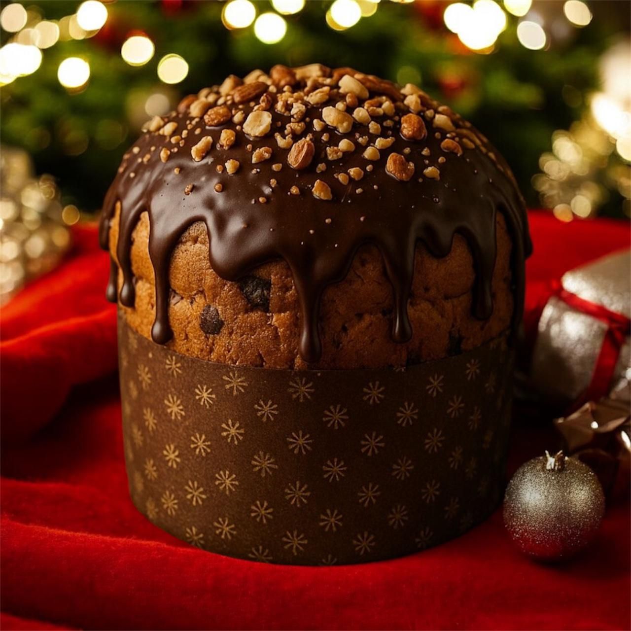 Panettone con glassa al cioccolato e noci su stoffa rossa, decorato per le feste.