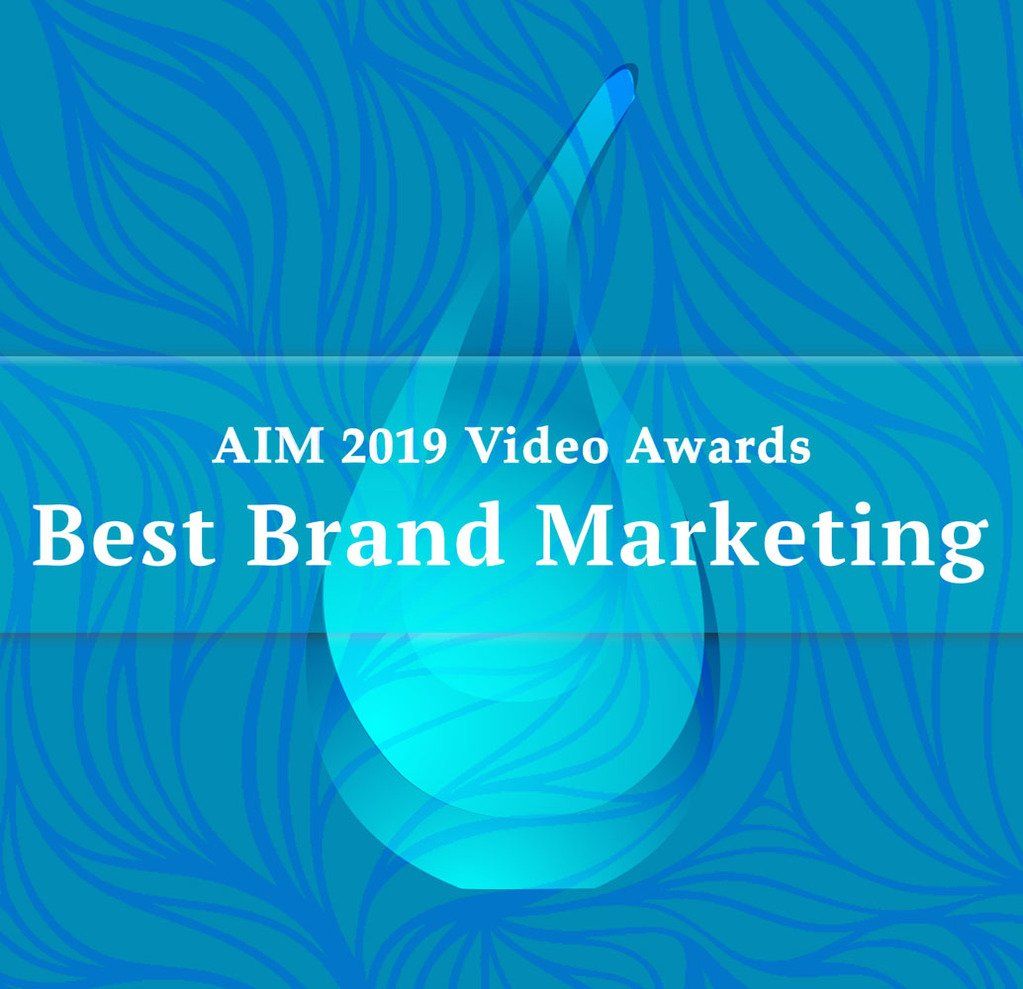 A blue background with a drop of water and the words aim 2019 video awards best brand marketing
