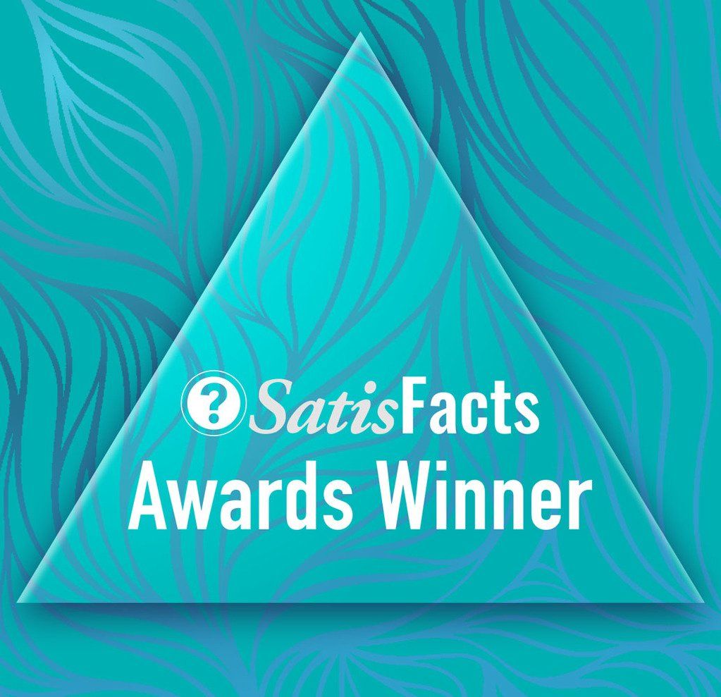 A blue triangle with the words satisfacts awards winner on it.