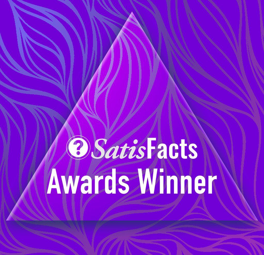 A purple triangle with the words satisfacts awards winner on it