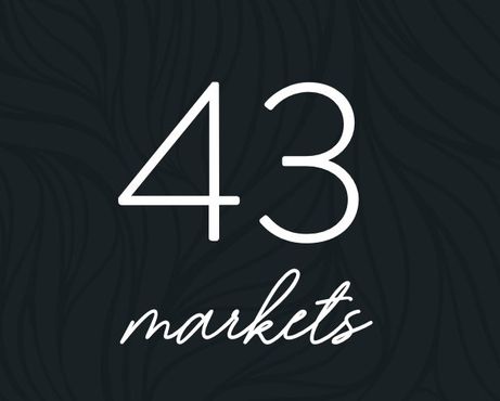 A logo for 43 markets with a black background