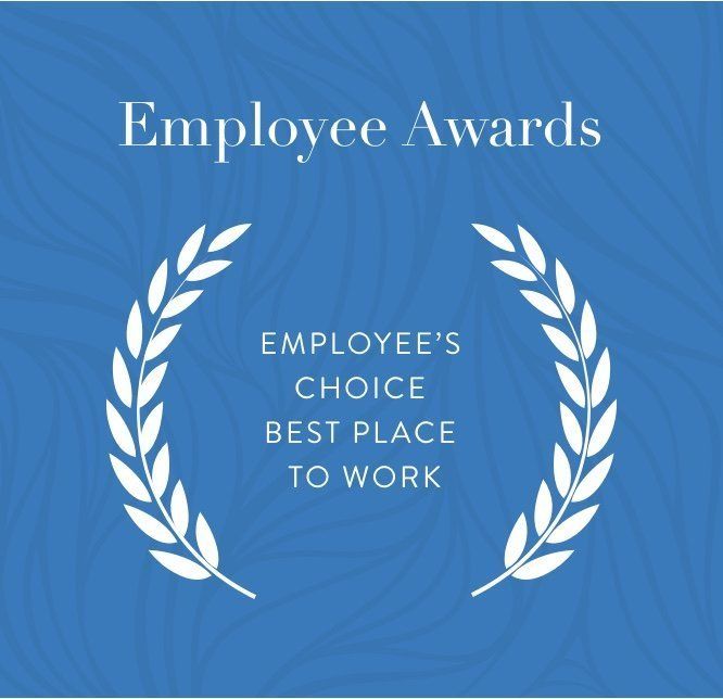 A laurel wreath on a blue background that says employee awards