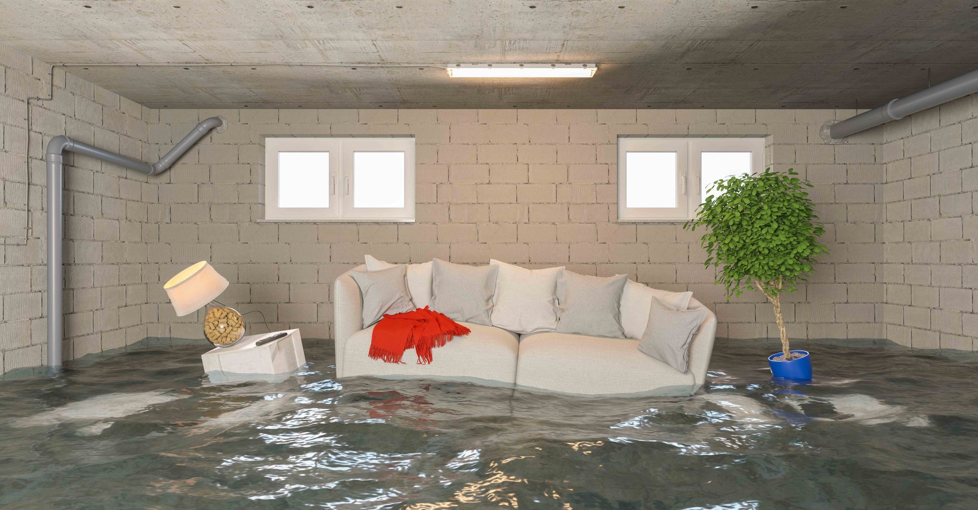 A living room filled with water and a couch