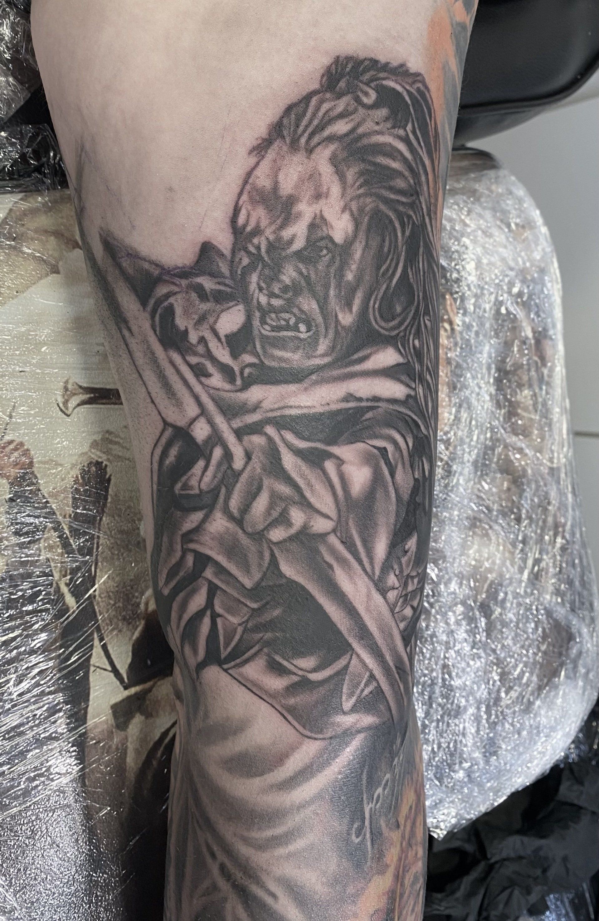 Lord of the rings black and grey realism tattoo