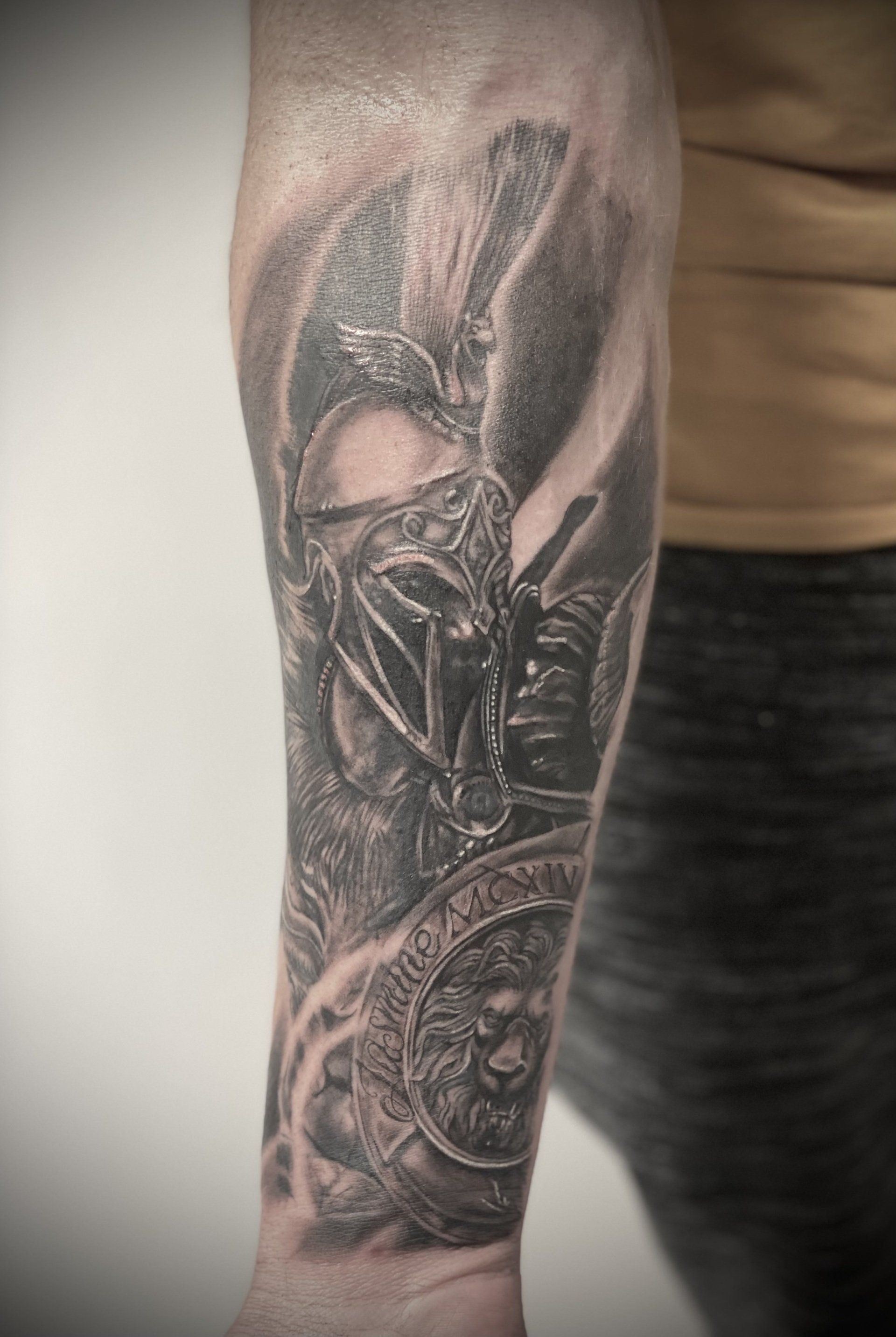 Roman warrior tattoo black and grey realism