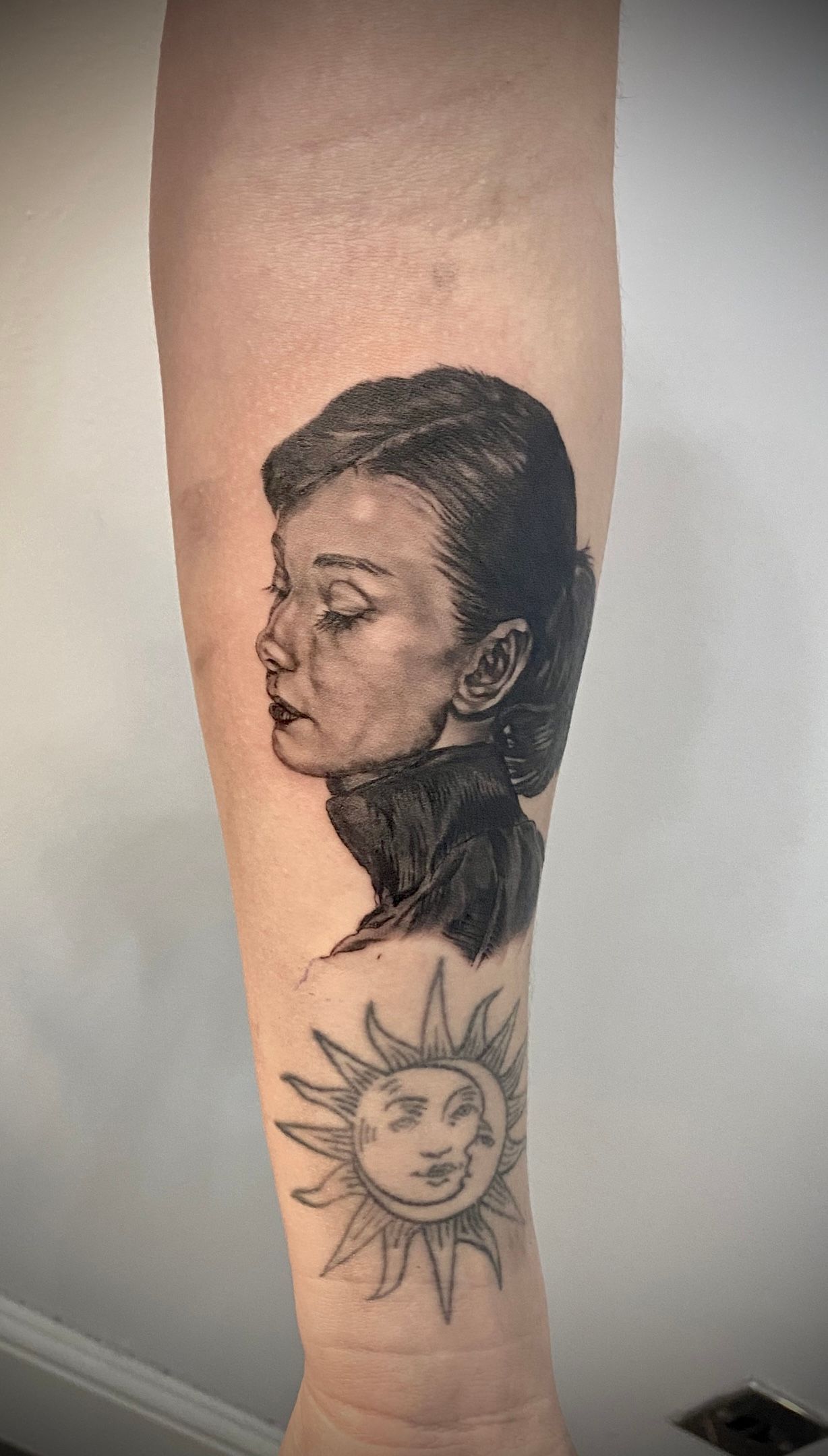 Audrey Hepburn portrait realism tattoo