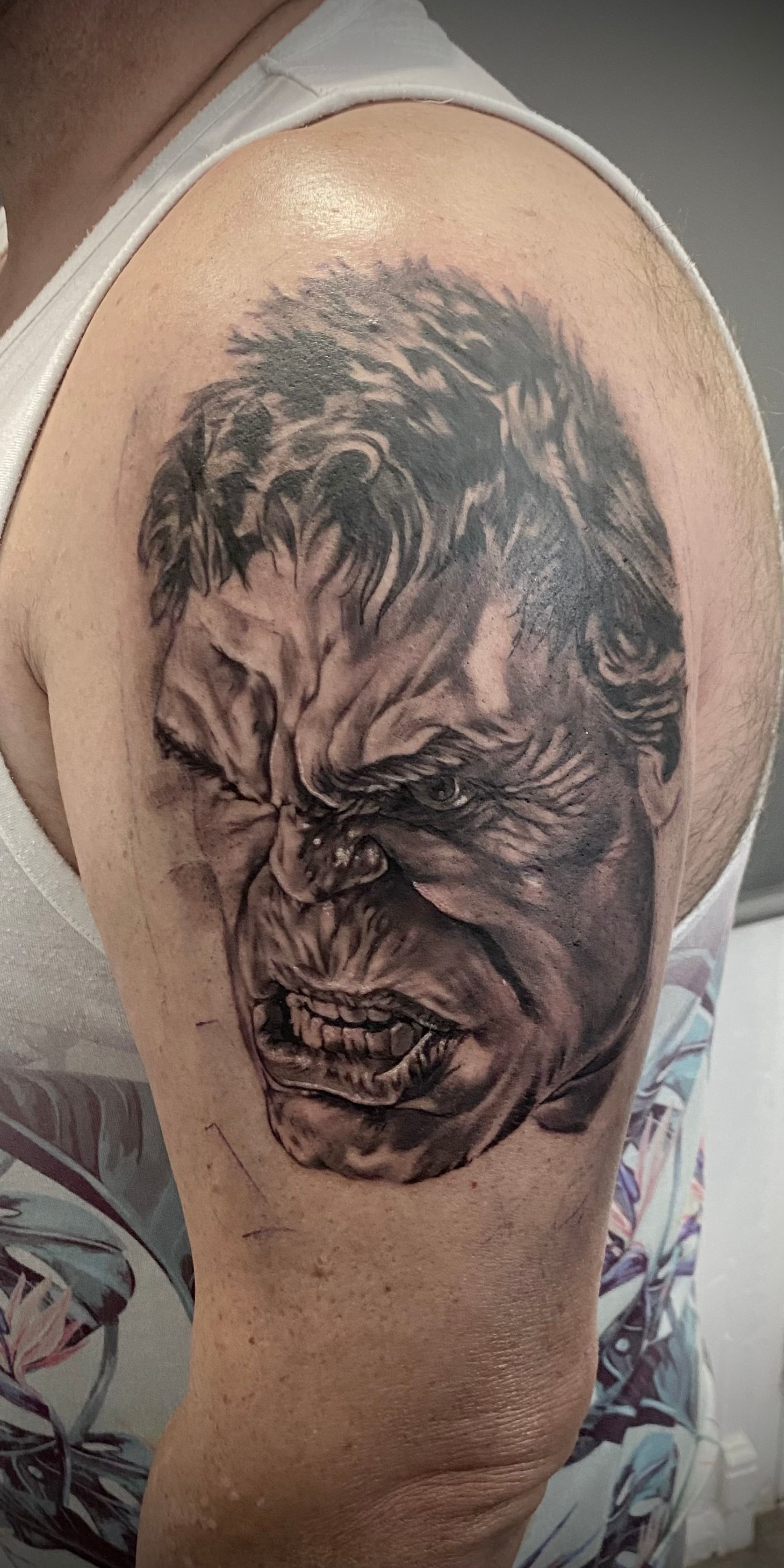 Hulk portrait tattoo black and grey