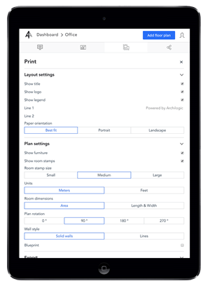 Image of floor plan customisation options on a tablet