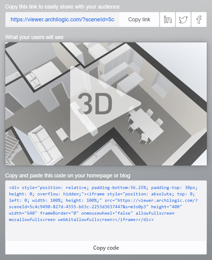 Image of preview screen for 3D floor plan tour