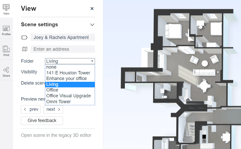 3D floor plan shown with folder options