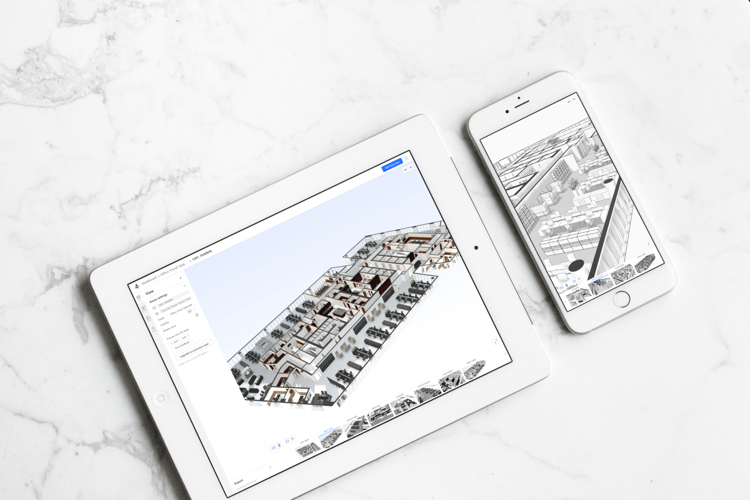 3D floor plans shown on a tablet and phone