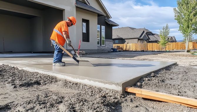 Construction worker smoothing wet concrete slab beside a house on a residential build site