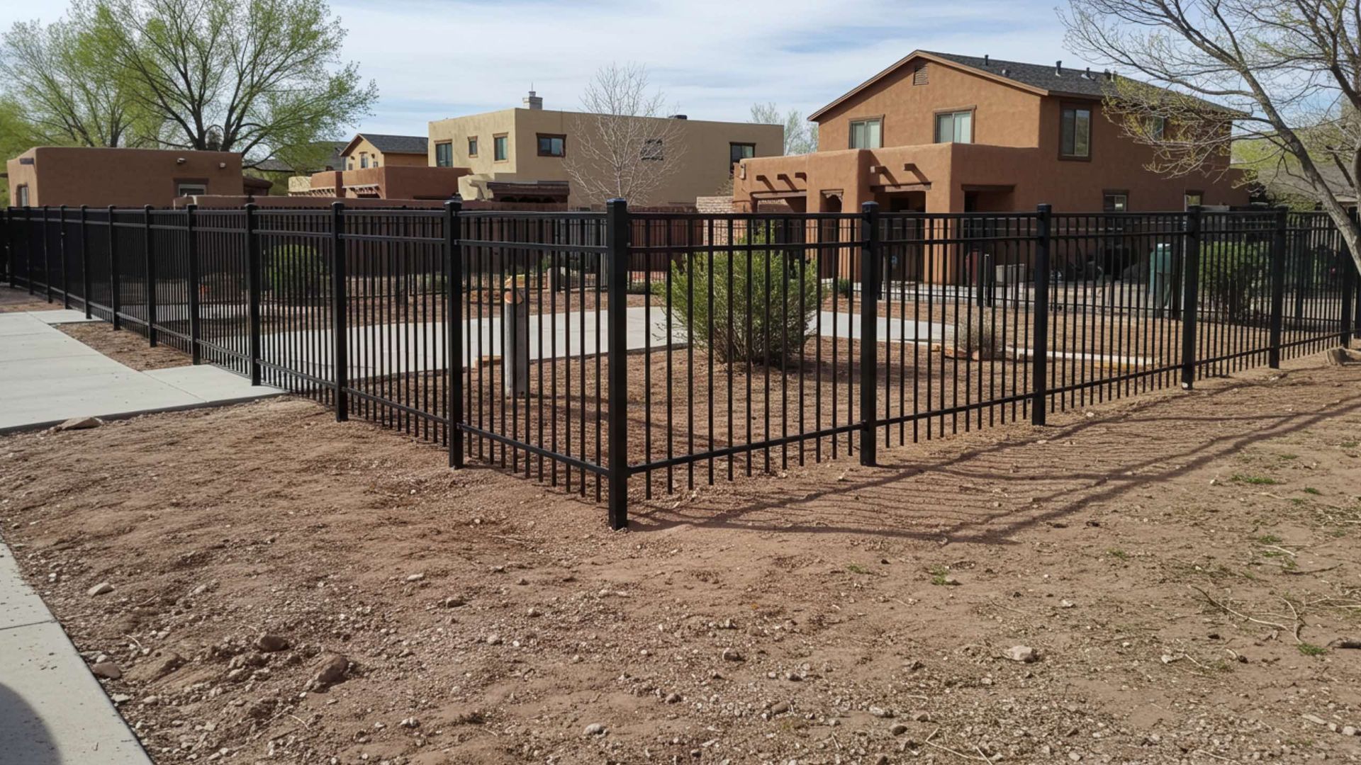 Black metal fence surrounds a patch of dirt and sparse vegetation, with adobe-style houses in the background.