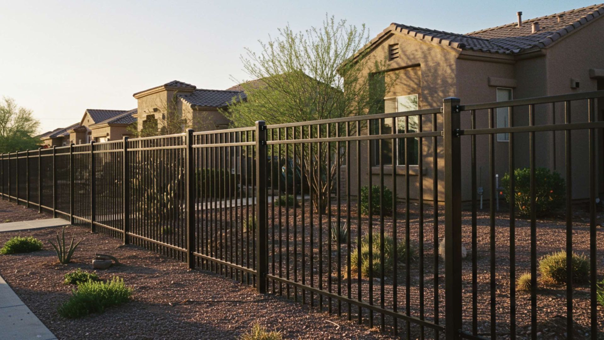 A black metal fence runs along a desert-landscaped yard in front of a row of suburban homes at sunset.