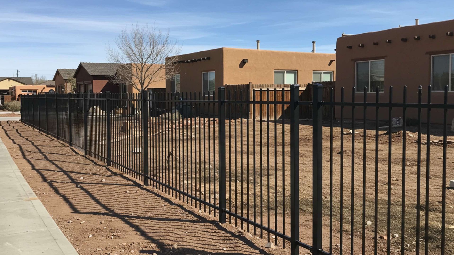 Black metal fence along a sidewalk in front of brown adobe-style houses under a blue sky.