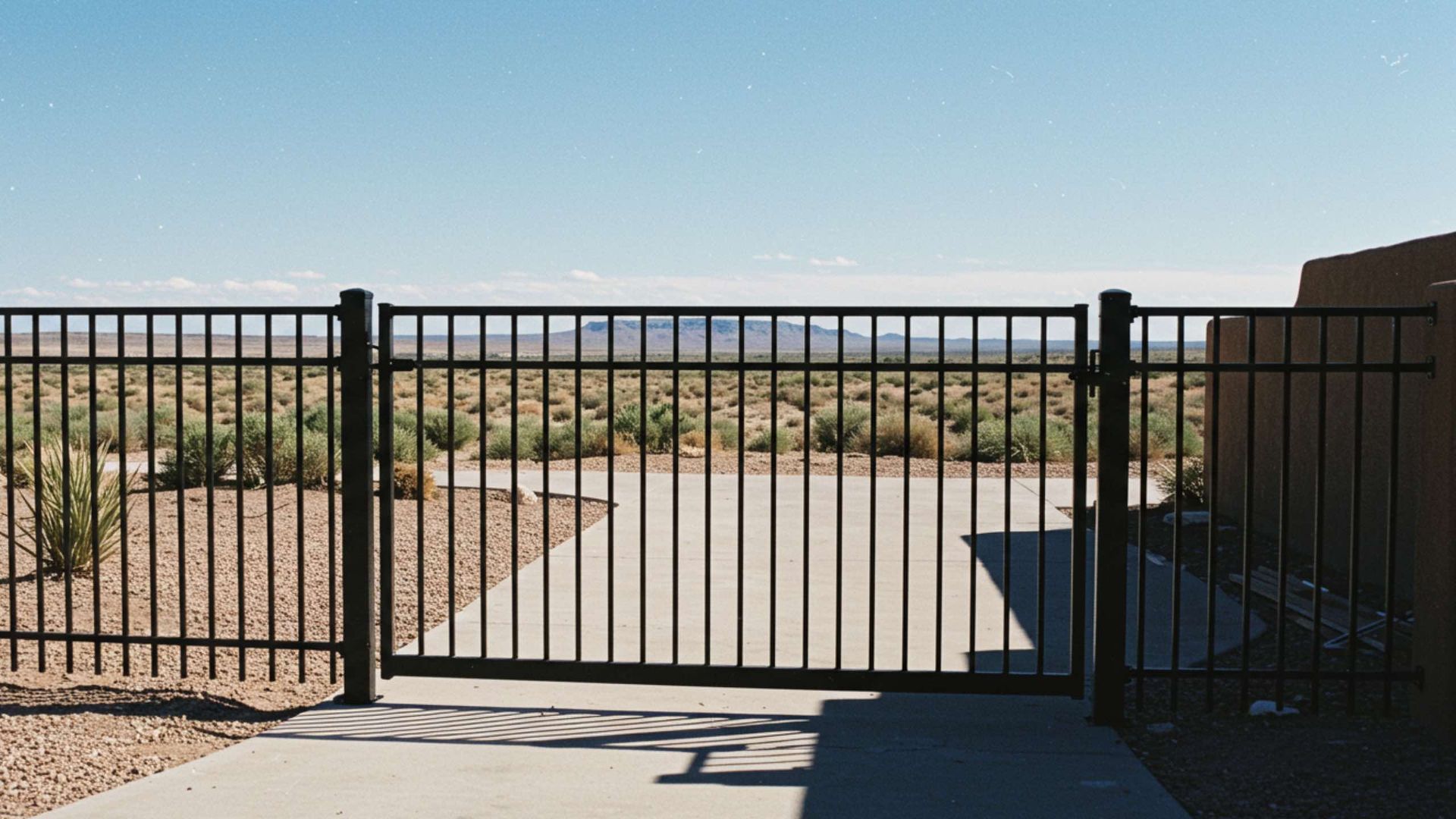 Black metal gate on a concrete driveway, leading to an open desert landscape under a blue sky.
