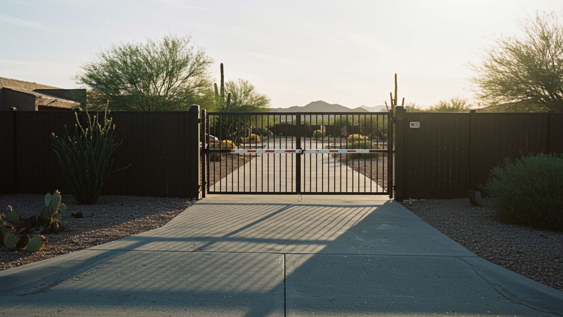 Black gate on a concrete driveway leading to a desert landscape with mountains in the background.