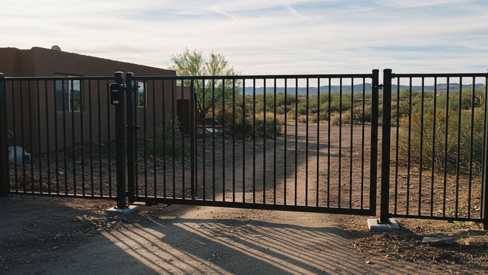Black metal gate on a gravel driveway, leading to an open desert landscape.