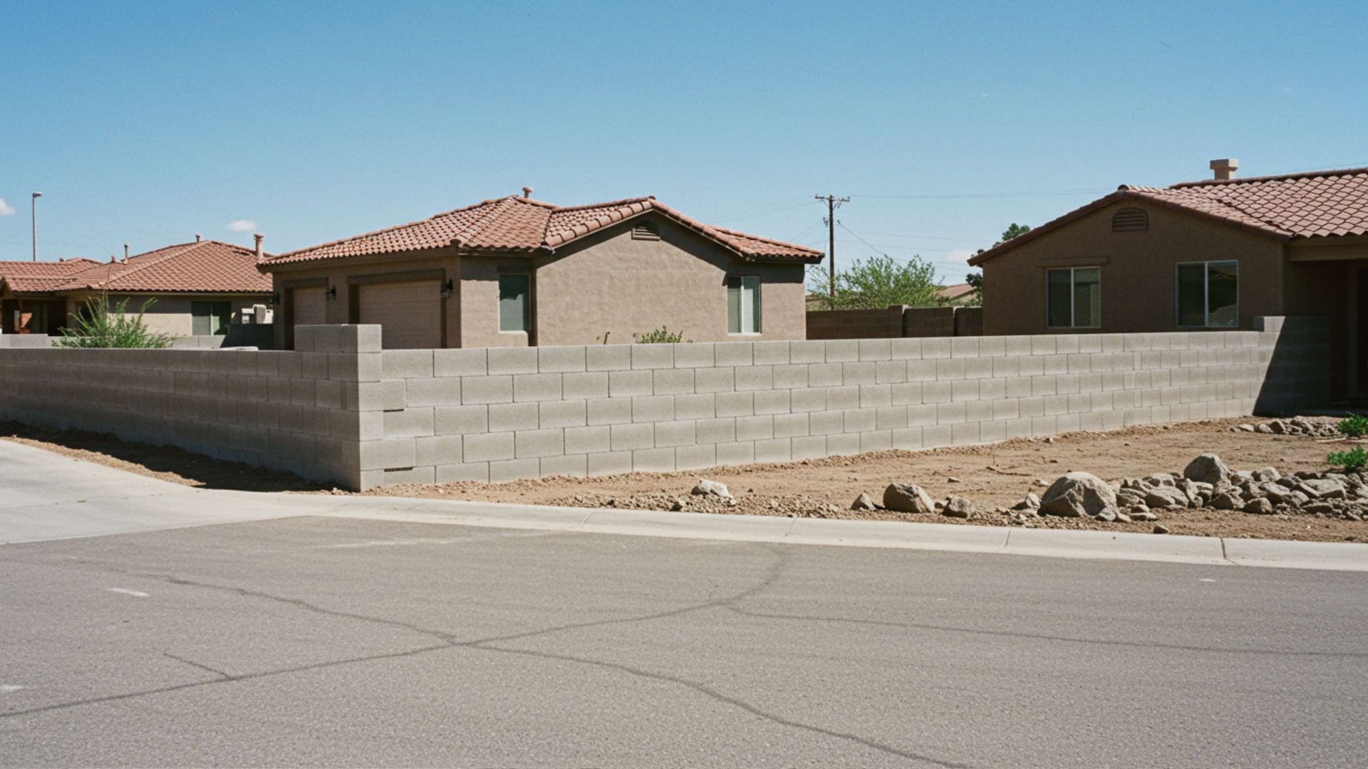 Concrete block wall in front of tan stucco houses with orange tile roofs on a sunny day.