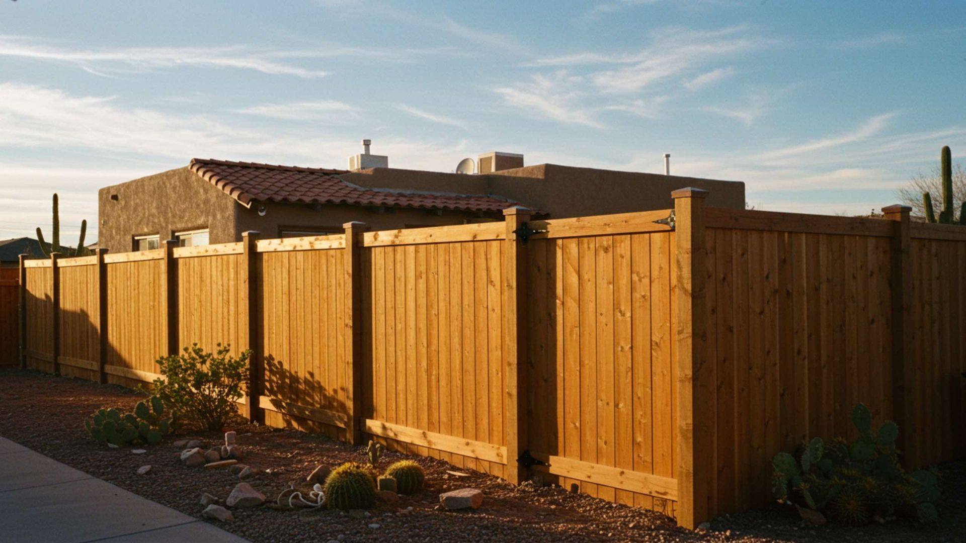 Wooden fence in front of a stucco building under a blue sky, with desert plants along the fence.