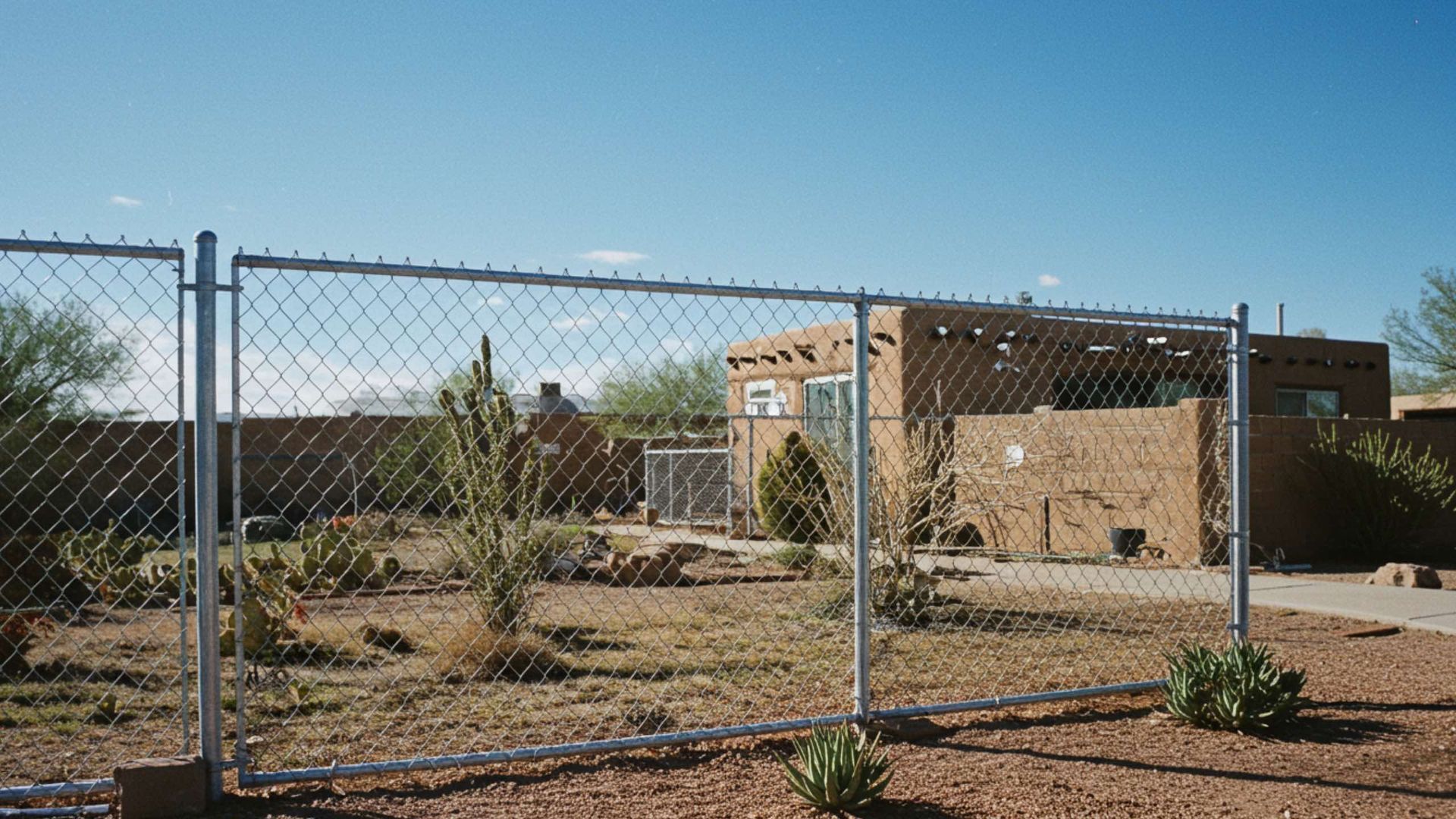 Chain-link fence in front of a tan adobe building, small plants in foreground, blue sky overhead.