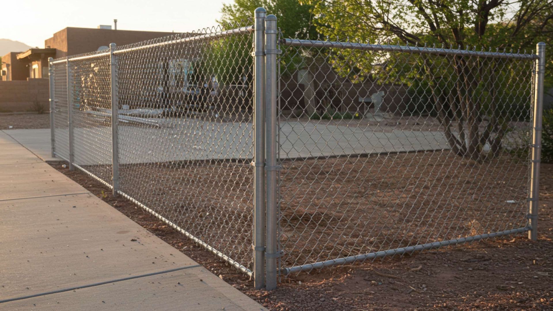 Chain-link fence borders a concrete sidewalk and dirt yard, under a partly sunny sky.