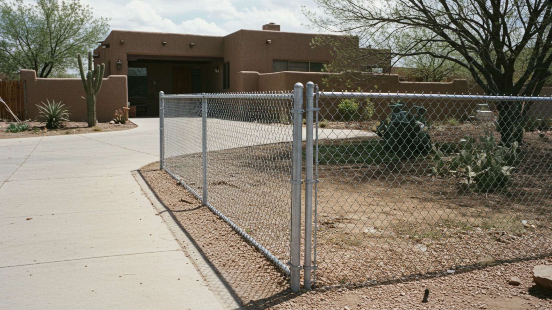 A chain-link fence lines a driveway leading to a single-story, tan-colored stucco home in a desert landscape.