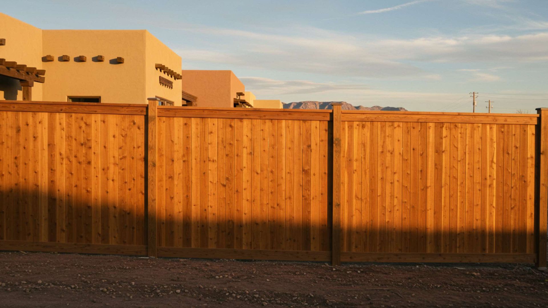 A wooden privacy fence stands in front of Southwestern-style stucco homes under a soft, golden sunset sky.