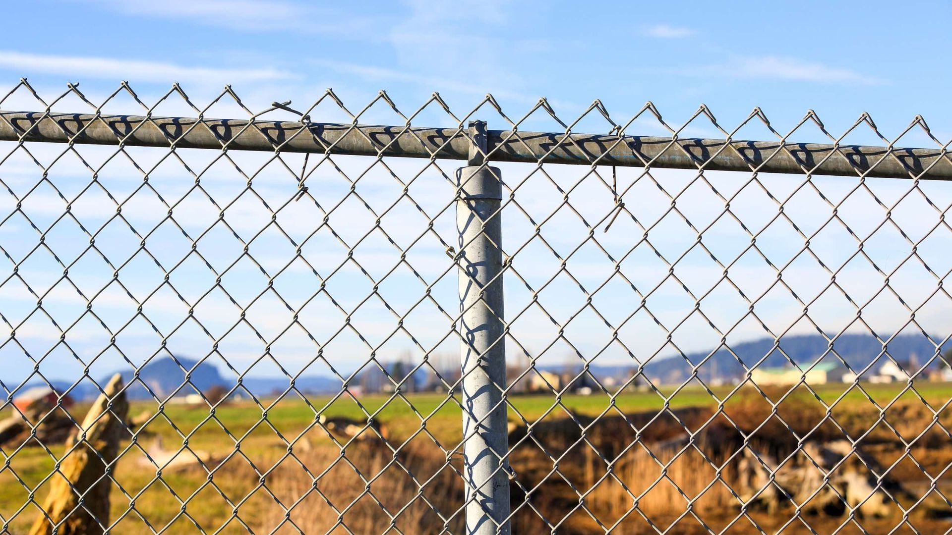 A chain link fence surrounds a field with a blue sky in the background.