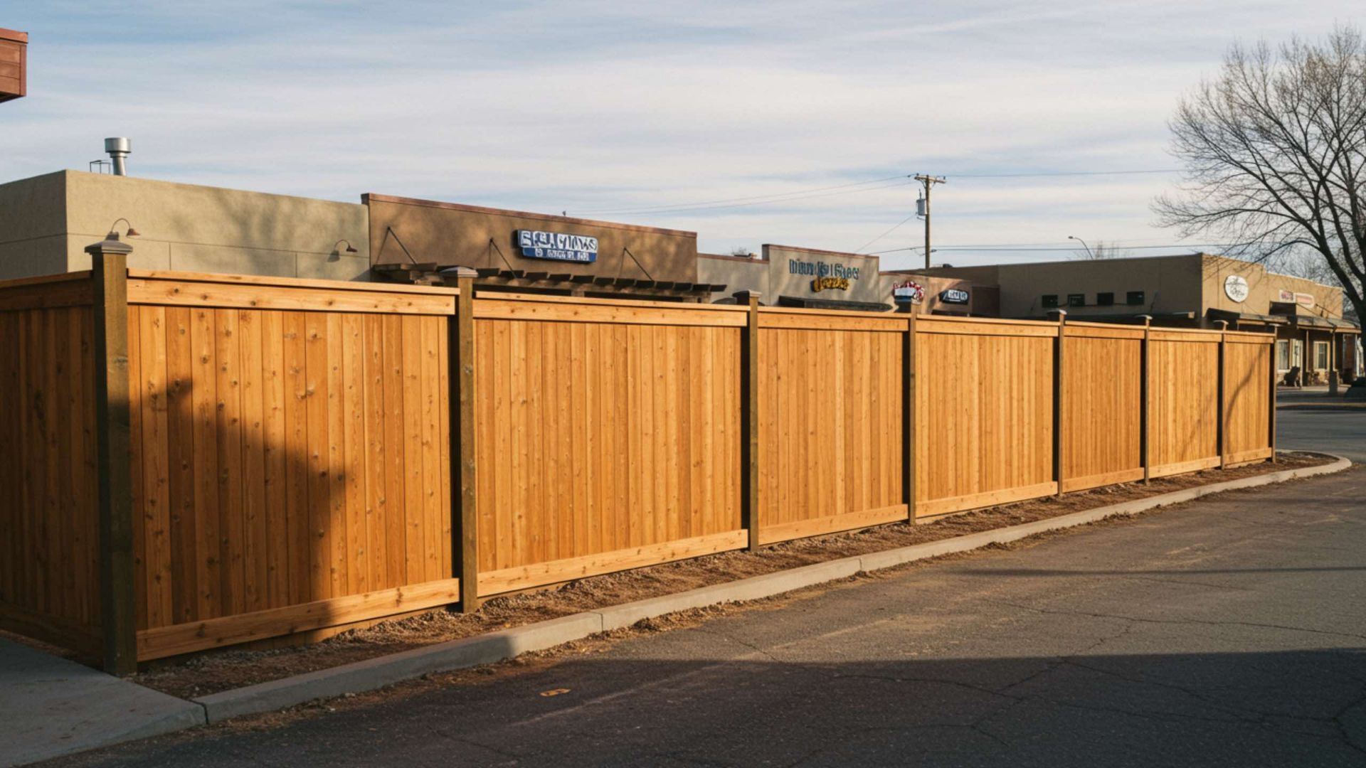 Wooden privacy fence bordering a parking area, with buildings in the background under a cloudy sky.