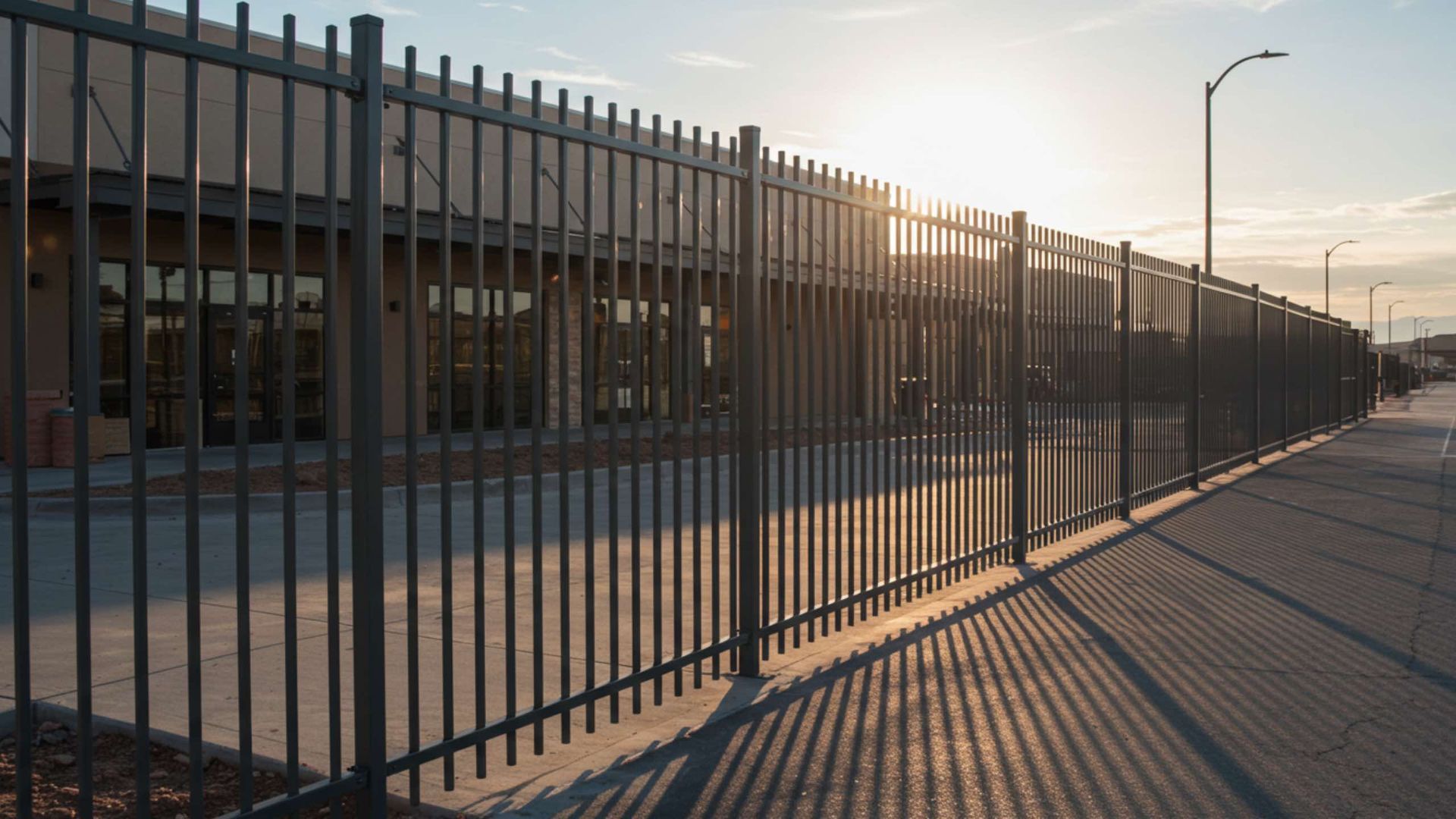 A black metal fence in front of commercial stores.
