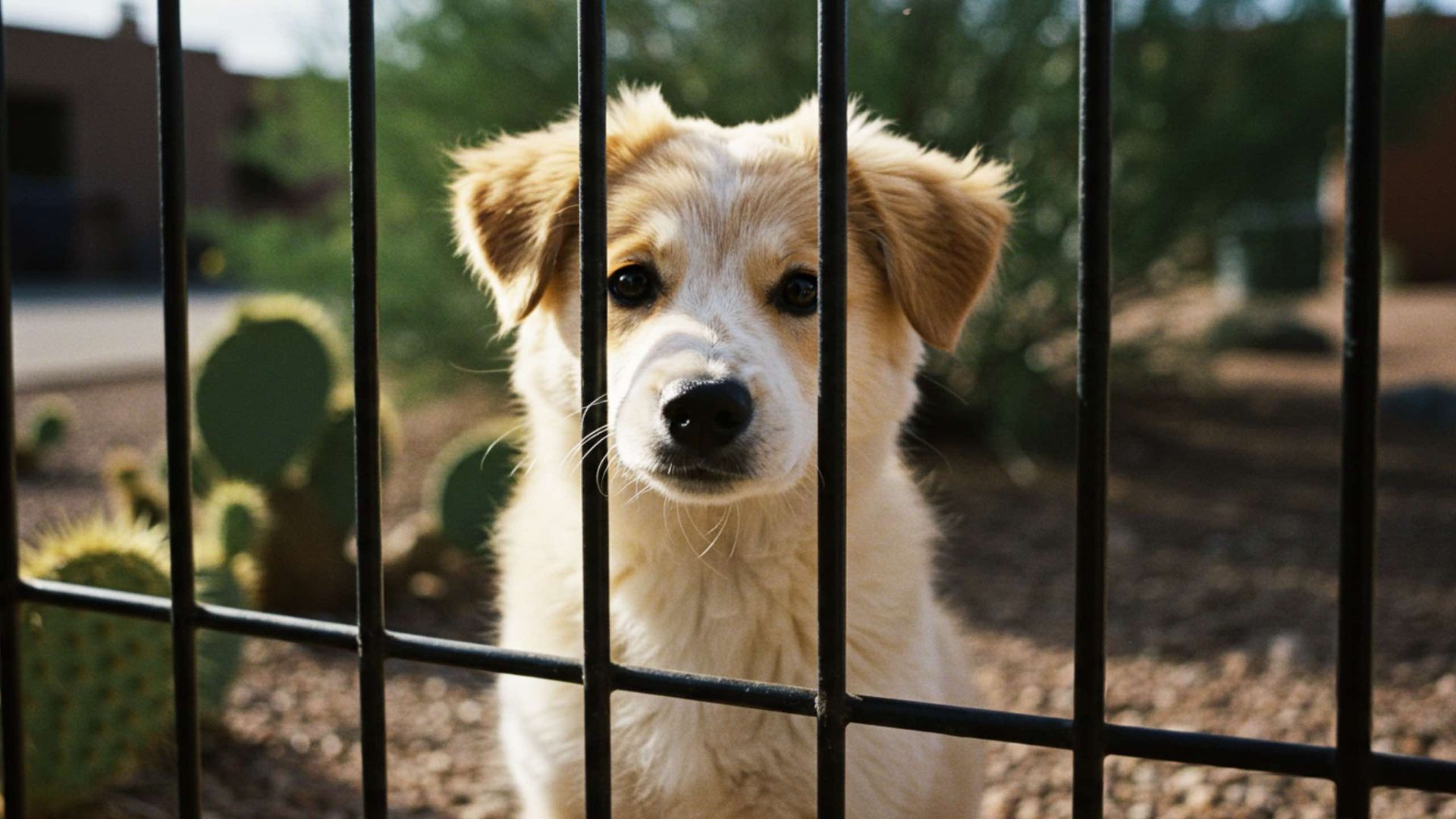 Dog behind a fence with a sad expression, facing the camera. In a desert setting with cacti.