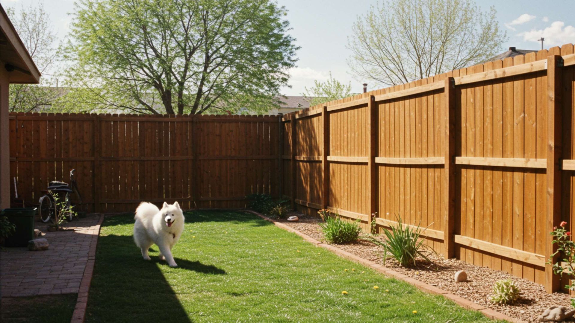 White dog running in a grassy backyard with a wooden fence.