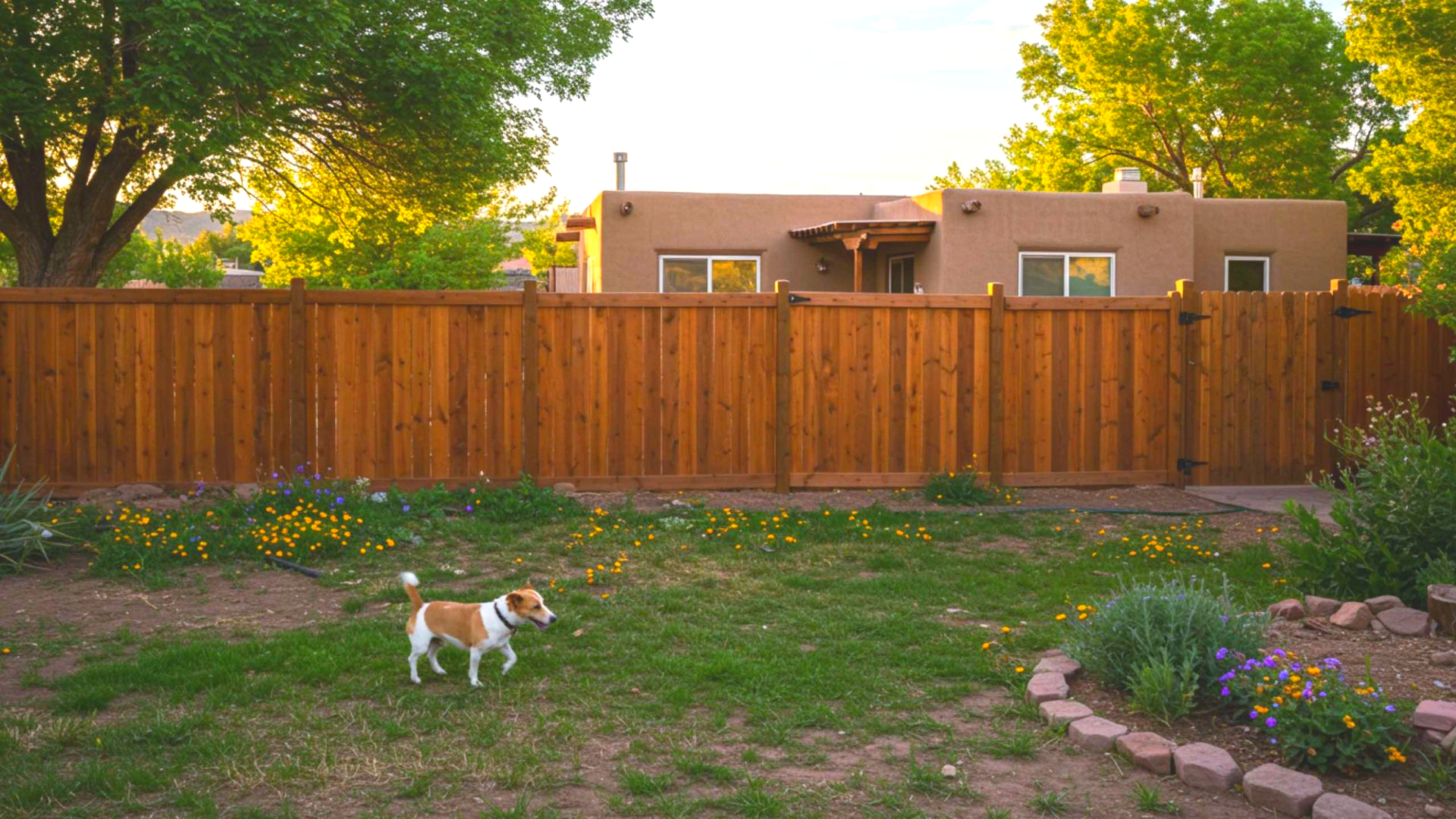 A dog peeking over a wooden picket fence
