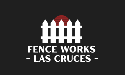Logo for Fence Works - Las Cruces, featuring a white picket fence with a red sun or partial sun and white text on a black background.