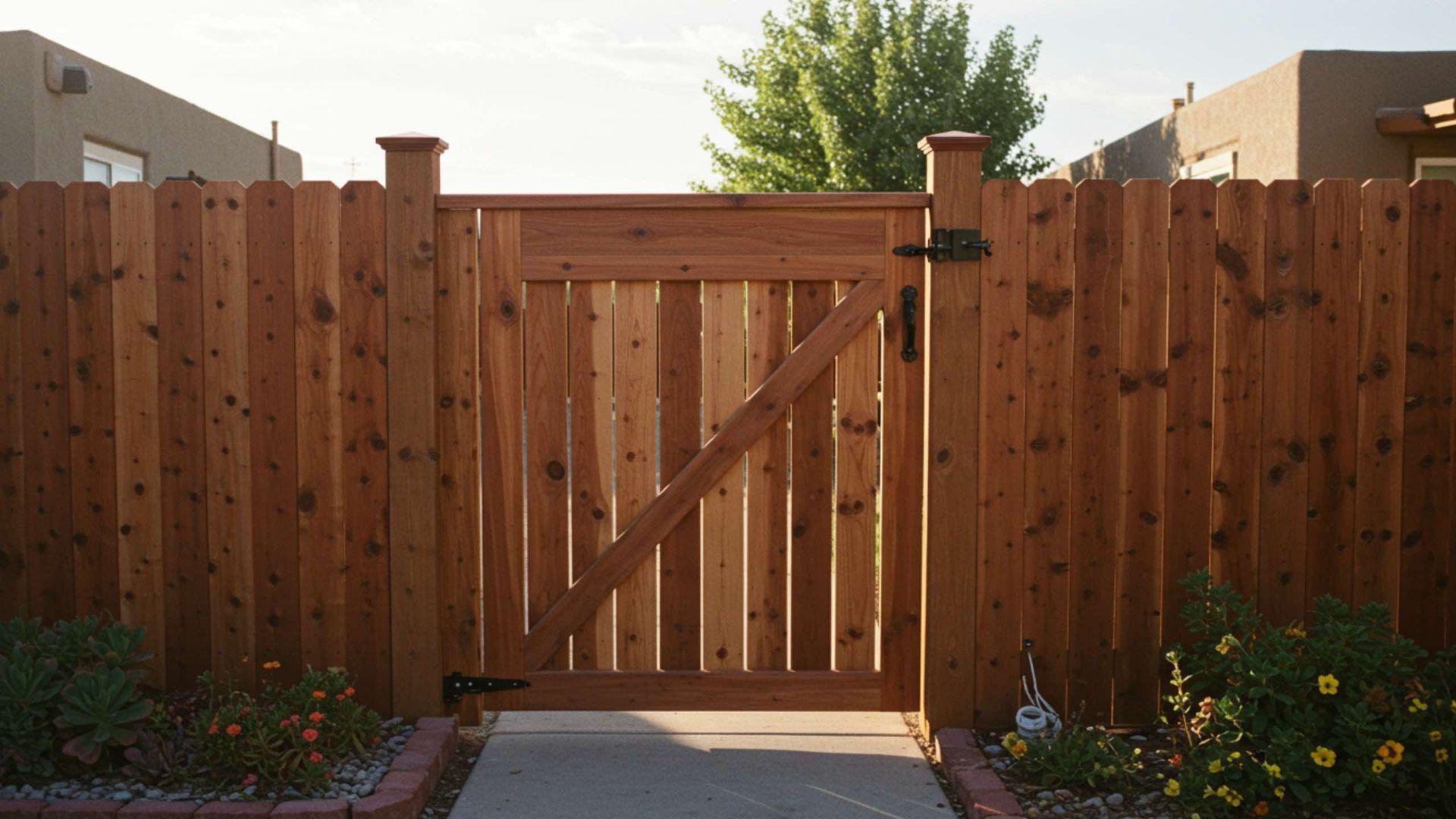 Wooden gate in a brown fence with a diagonal brace, leading to a path with plants.
