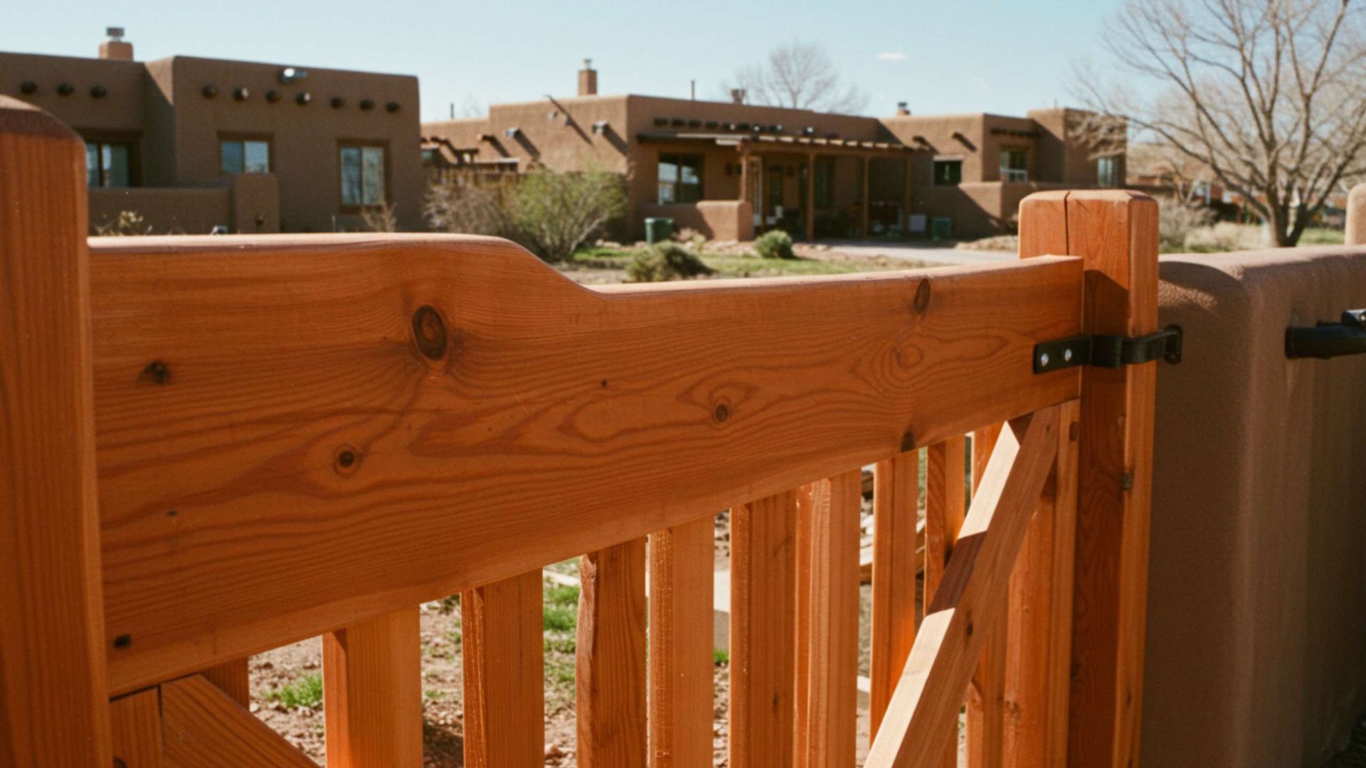 A wooden gate in the foreground, with traditional adobe-style buildings and sparse landscaping in the background.