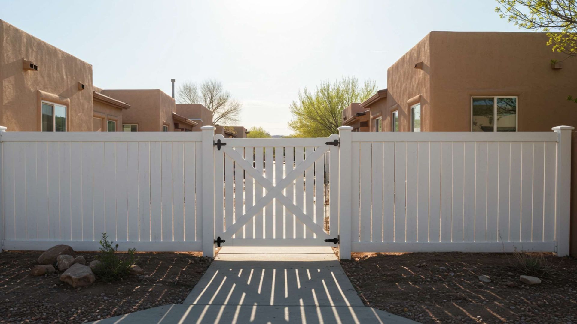 White fence with gate between two adobe buildings on a sunny day.