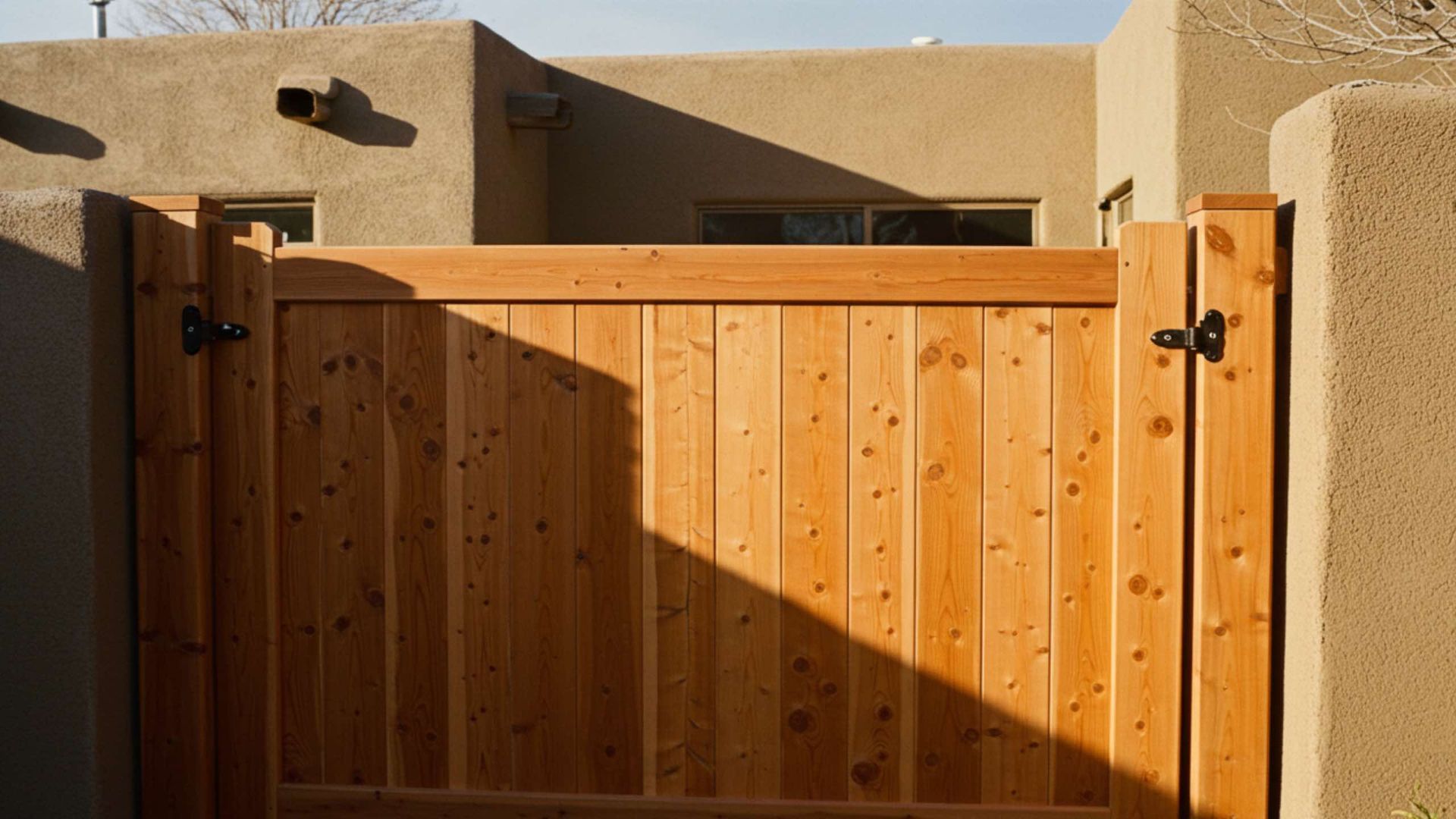 Wooden gate in a tan stucco wall with the shadow of something on the gate.