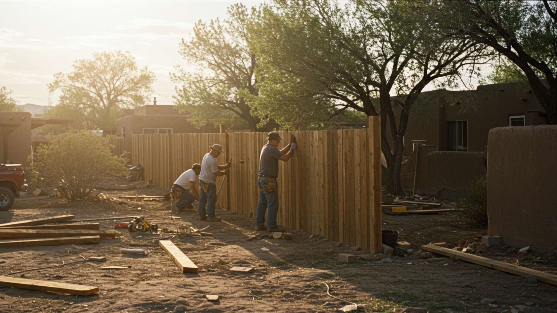 Three workers building a wooden fence in a yard on a sunny day.