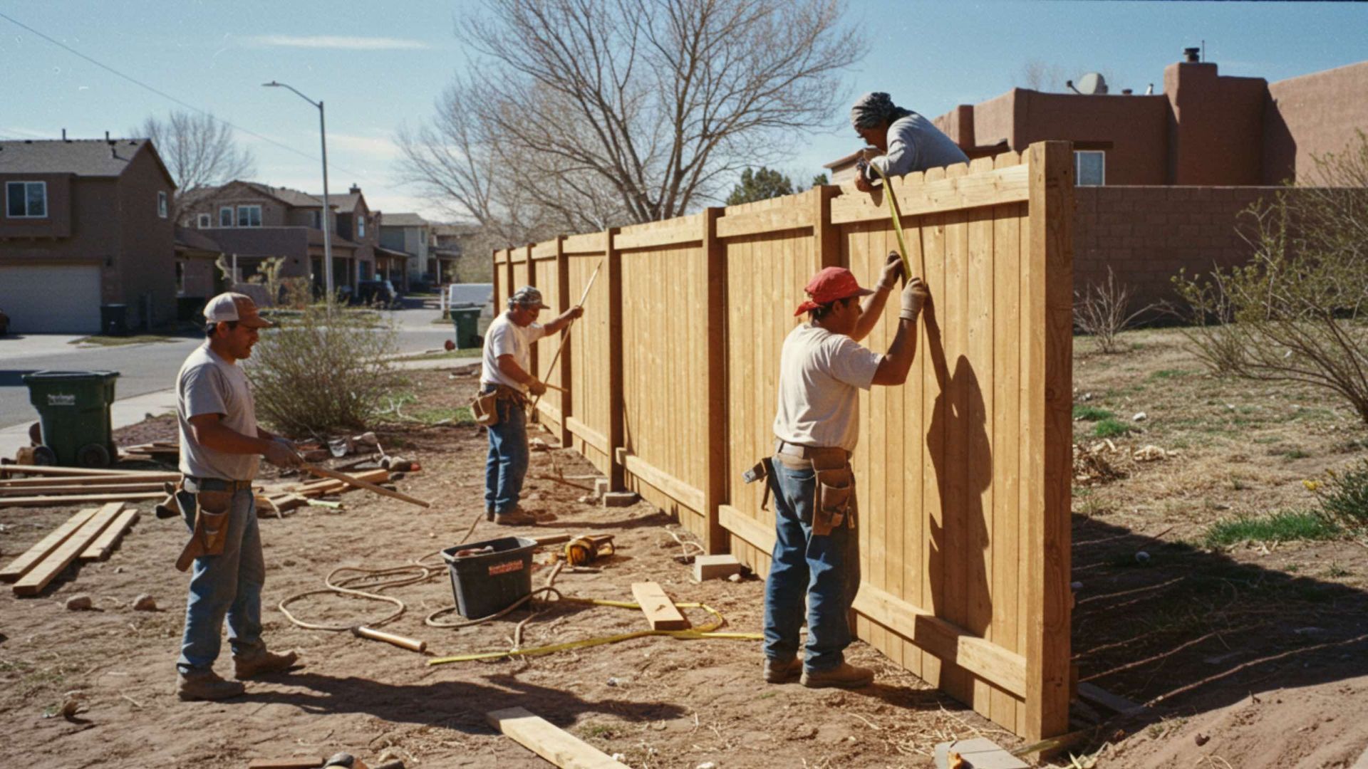 Four people constructing a wooden fence in a suburban yard.