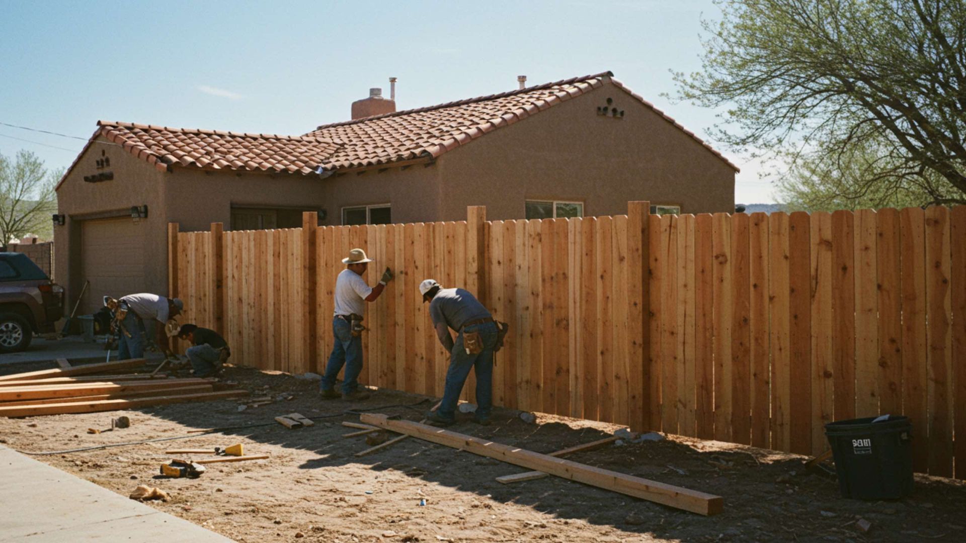 Men building a wooden fence in front of a tan house with a clay tile roof; sunny day.