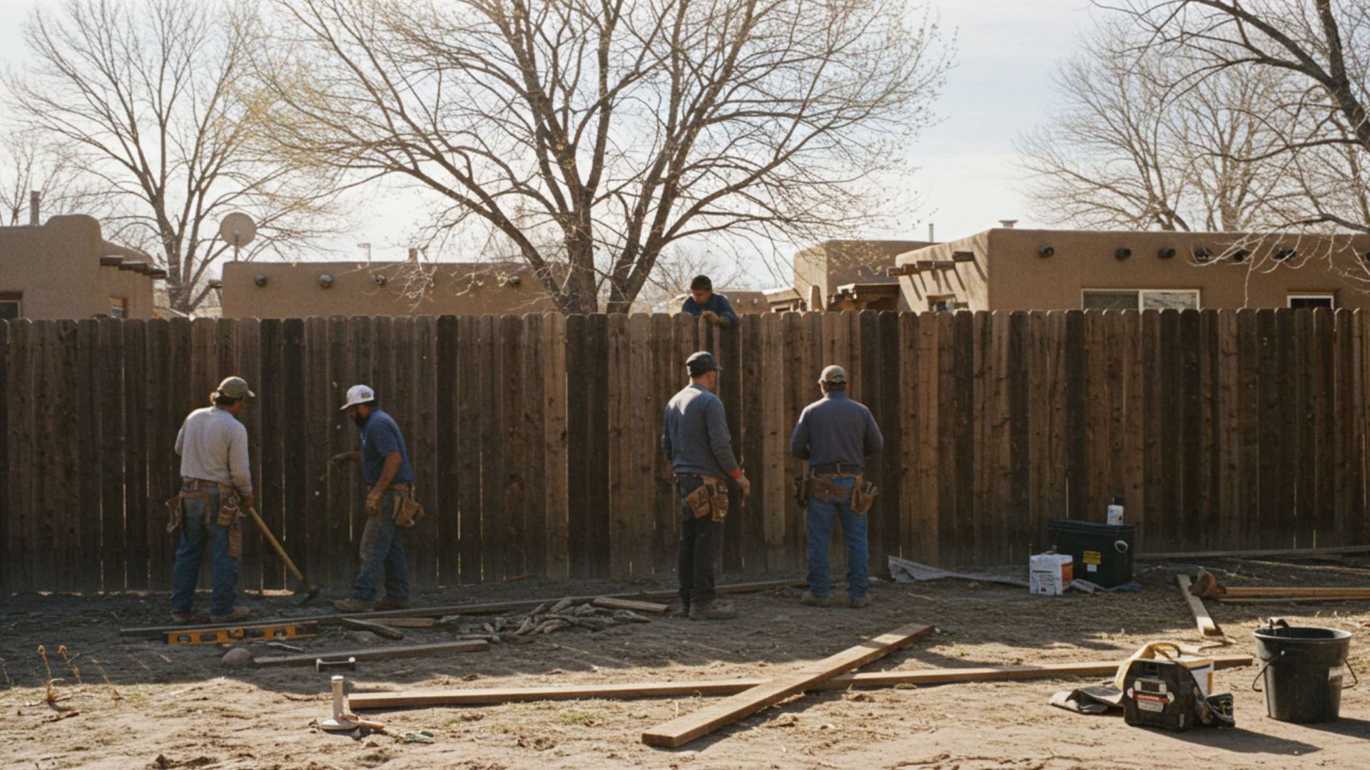 Five workers building a wooden fence. The setting is outdoors, in front of adobe buildings.