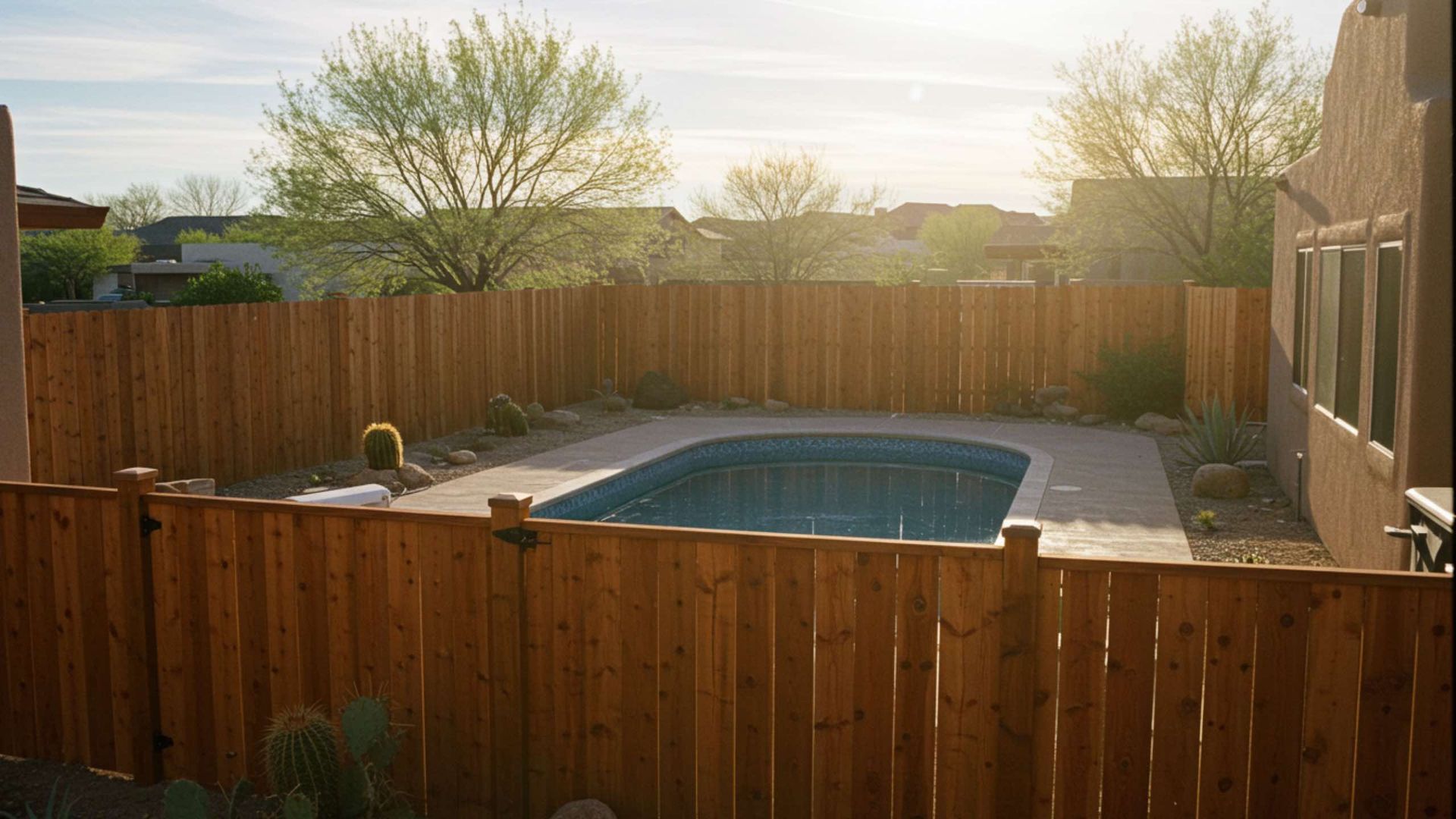Wooden fenced backyard with a pool. The sun shines.