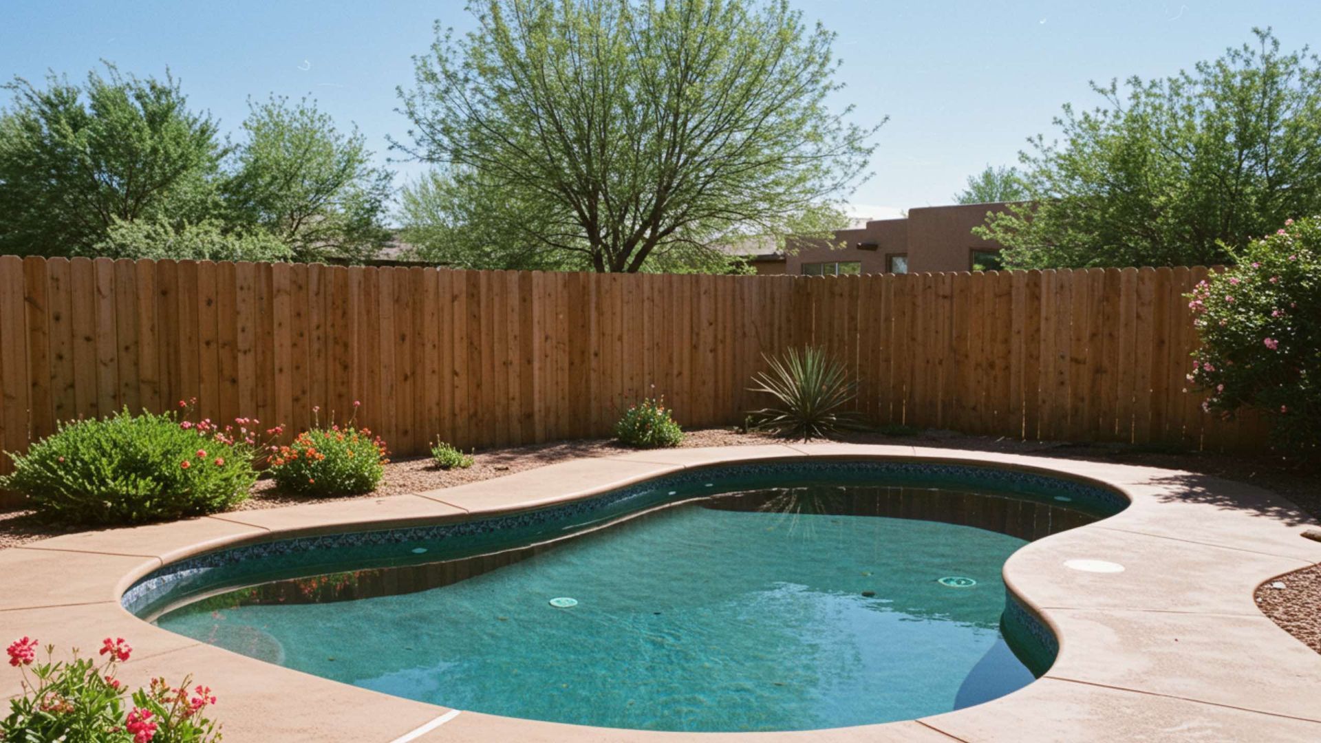 Small, kidney-shaped pool with teal water surrounded by concrete, a wooden fence, and greenery.